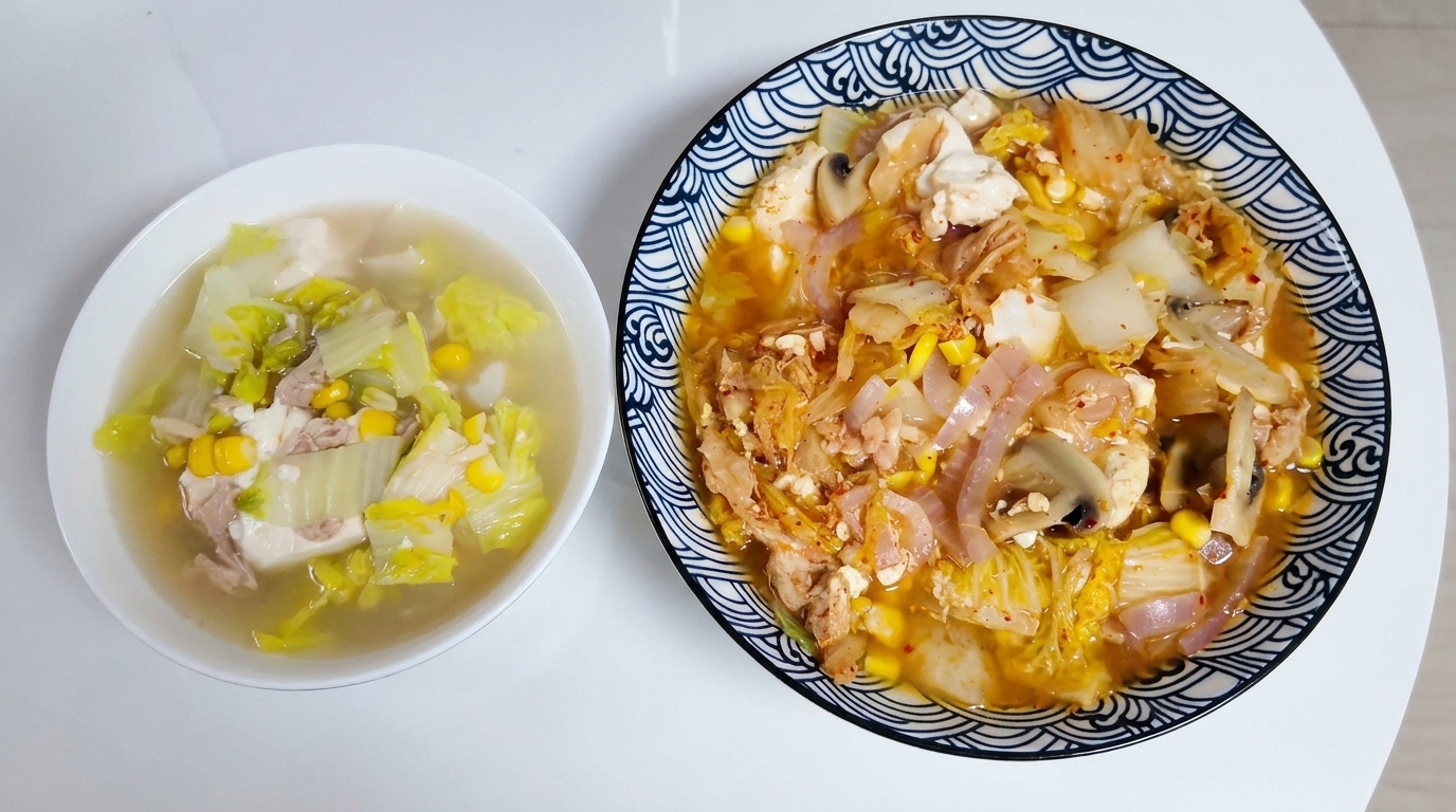 Zuppa Coreana Leggera con Kimchi, Tonno e Tofu all'Uovo