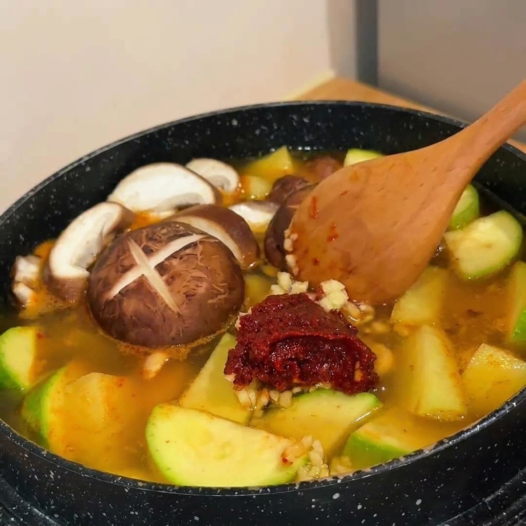 Una pasta densa rossa di peperoncino e aglio mescolata in uno stufato sfrigolante con un grande cucchiaio di legno.