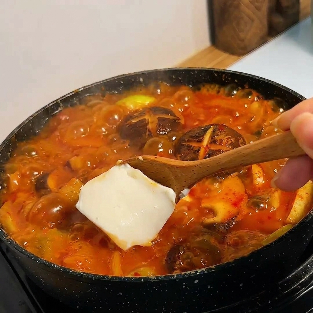 Un blocco liscio di tofu bianco su un cucchiaio di legno immerso in uno stufato coreano rosso acceso.