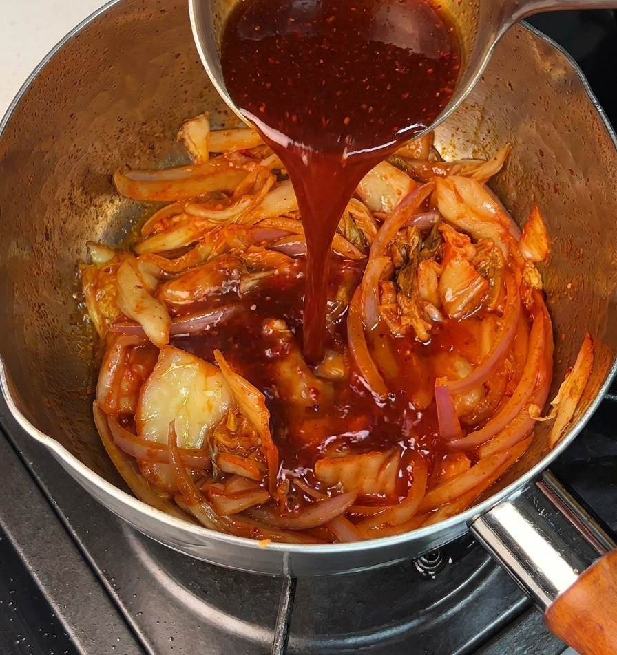 Salsa al peperoncino versata in una pentola che contiene un mix di kimchi e cipolle.