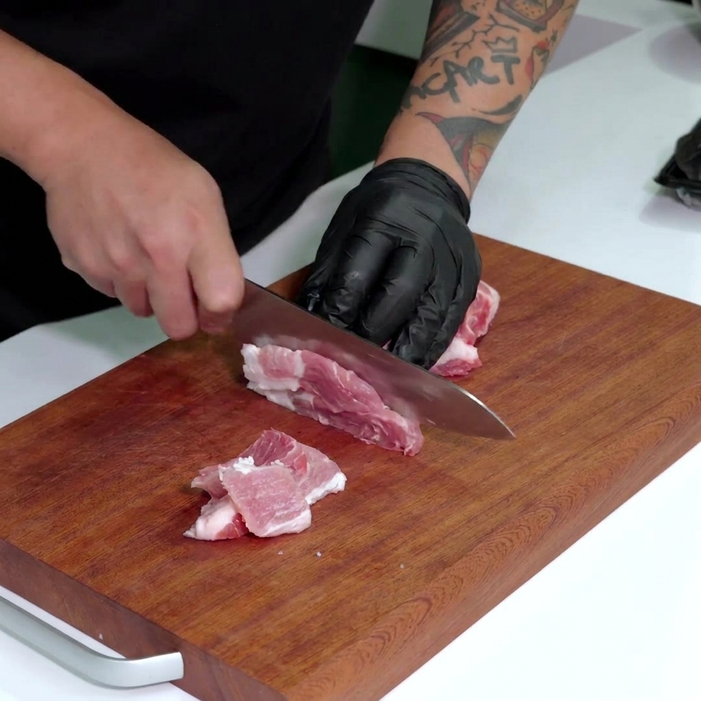 Mano con guanto nero che usa un coltello grande per affettare la pancetta di maiale cruda in piccole strisce.