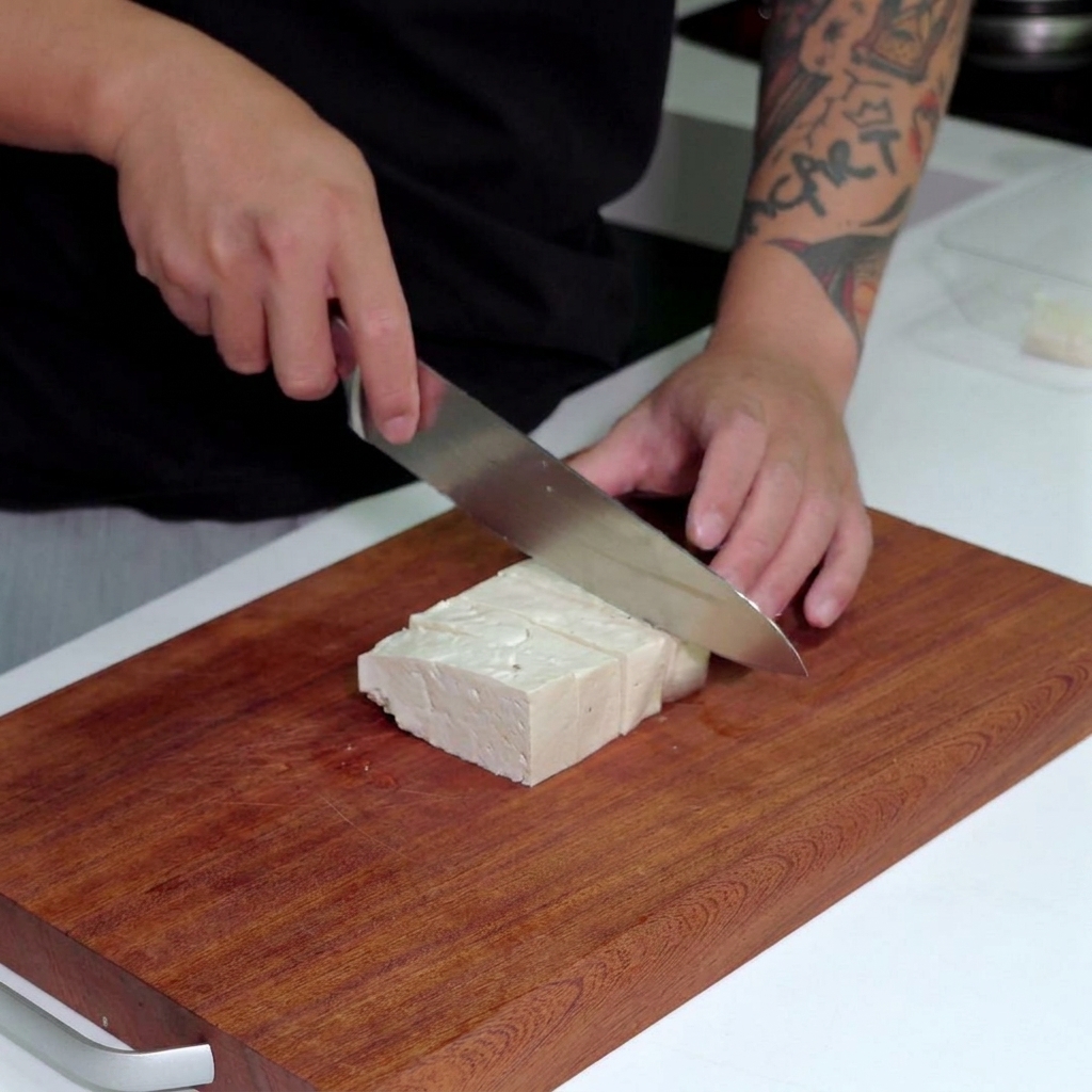 Un grande coltello da cucina che taglia un blocco di tofu bianco in cubetti regolari su un tagliere.