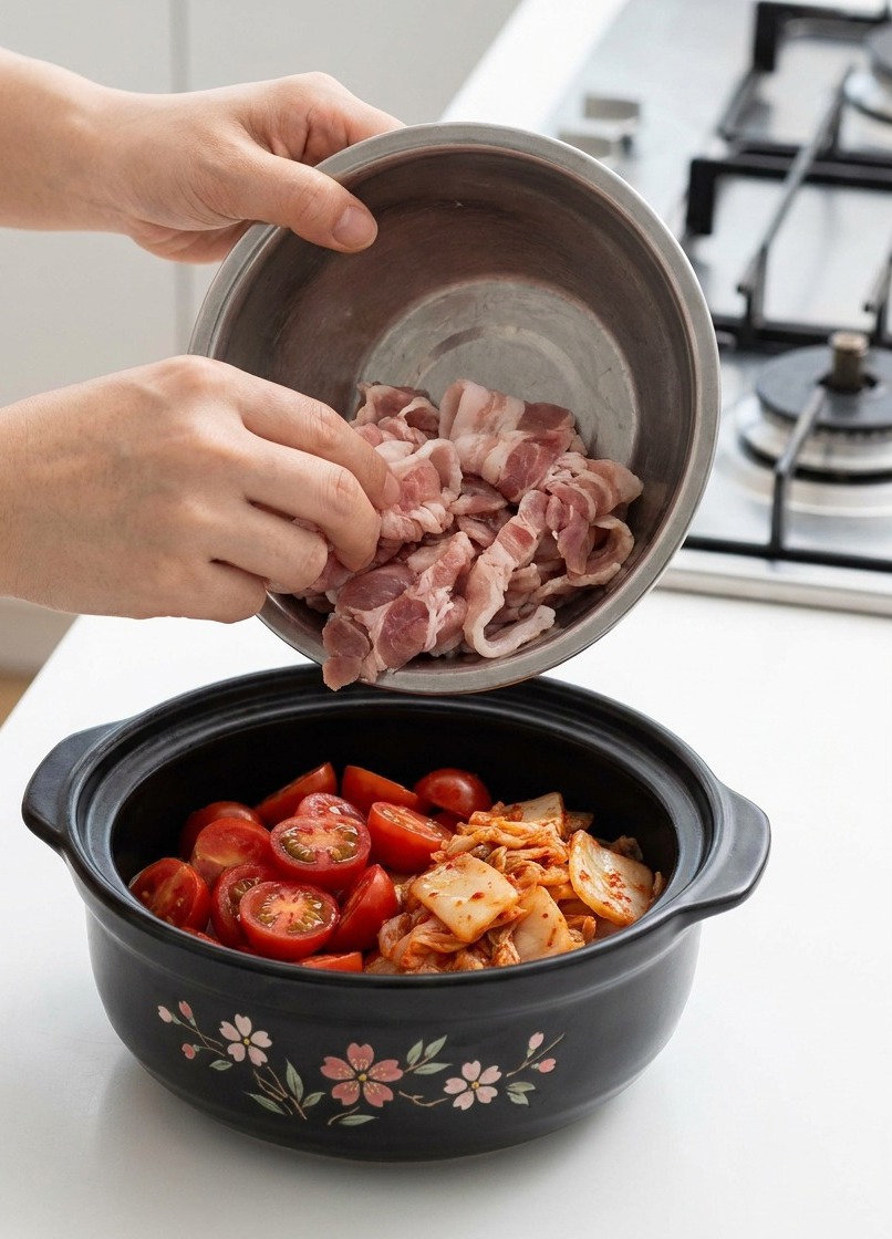 Mani che trasferiscono fette di pancetta cruda da una ciotola dacciaio a una pentola di ceramica nera.