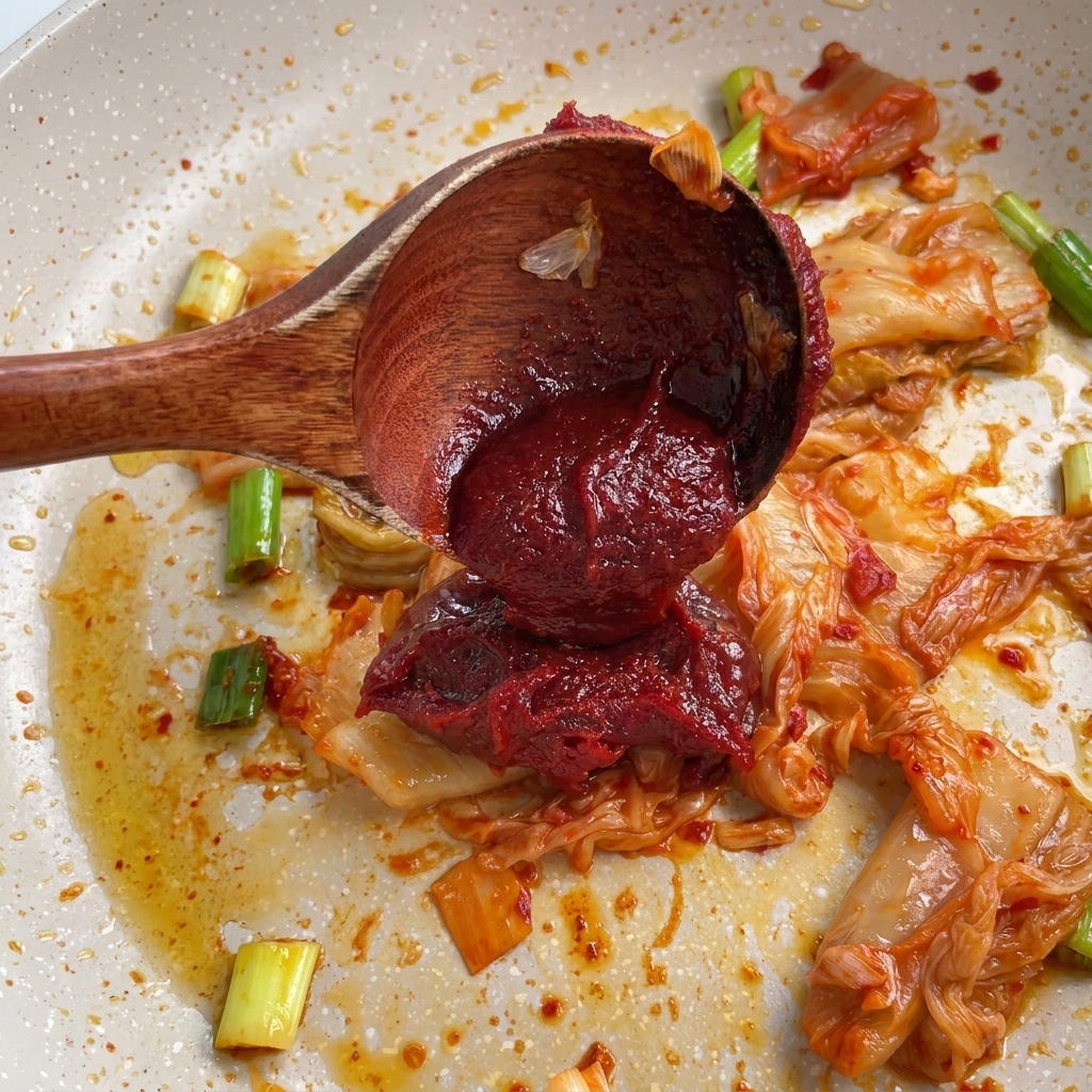 Un cucchiaio di legno che aggiunge una dose di gochujang rosso denso al mix di kimchi e cipollotti in padella.