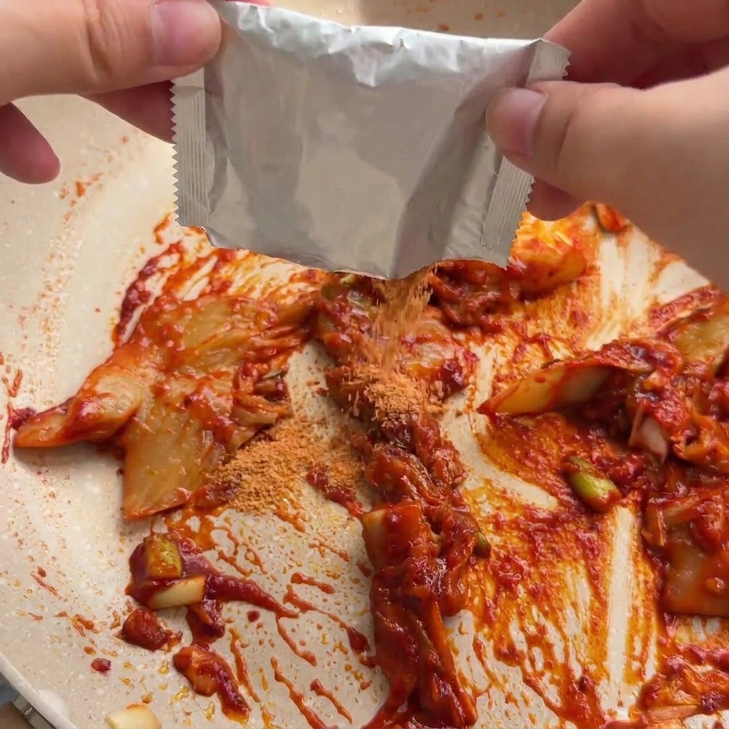 Polvere di condimento per ramen versata da una bustina argentata sopra il mix di kimchi rosso in padella.