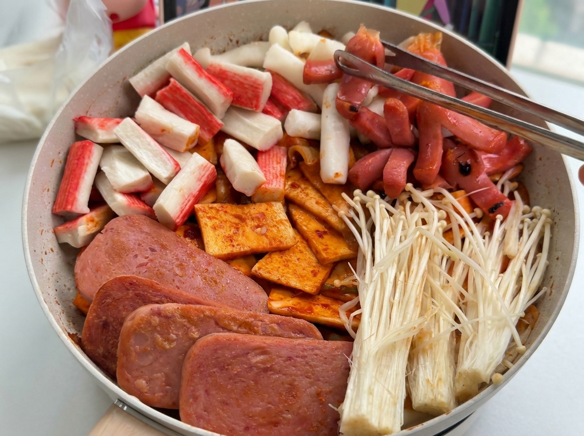 Vari ingredienti come carne, surimi e funghi enoki disposti ordinatamente in sezioni allinterno di una pentola.