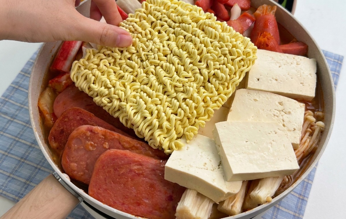 Una mano che adagia un panetto di ramen secco sopra un assortimento di ingredienti in una grande padella fumante.