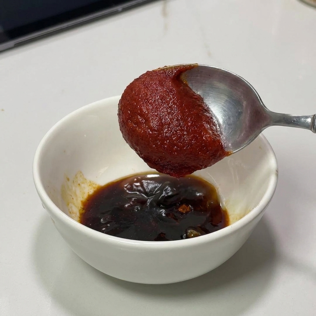 Un cucchiaio con una densa dose di pasta gochujang rosso scuro sopra una ciotola bianca contenente salsa di soia e peperoncino.