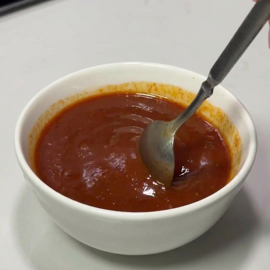 Una mano che usa un cucchiaio per mescolare una densa salsa di peperoncino coreana in una ciotola bianca fino a renderla liscia.