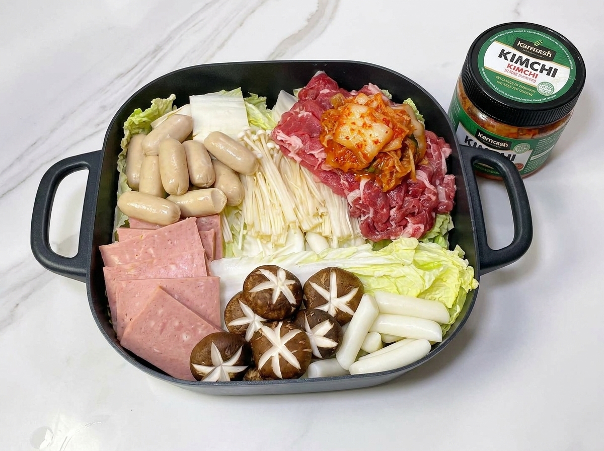 Una pentola completamente assemblata con strati colorati di manzo, würstel, kimchi, torte di riso e verdure.