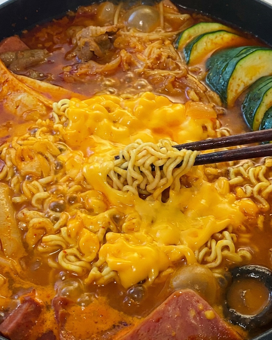 Primo piano di noodles istantanei fumanti sollevati con le bacchette, coperti da uno strato di formaggio fuso su uno stufato rosso.