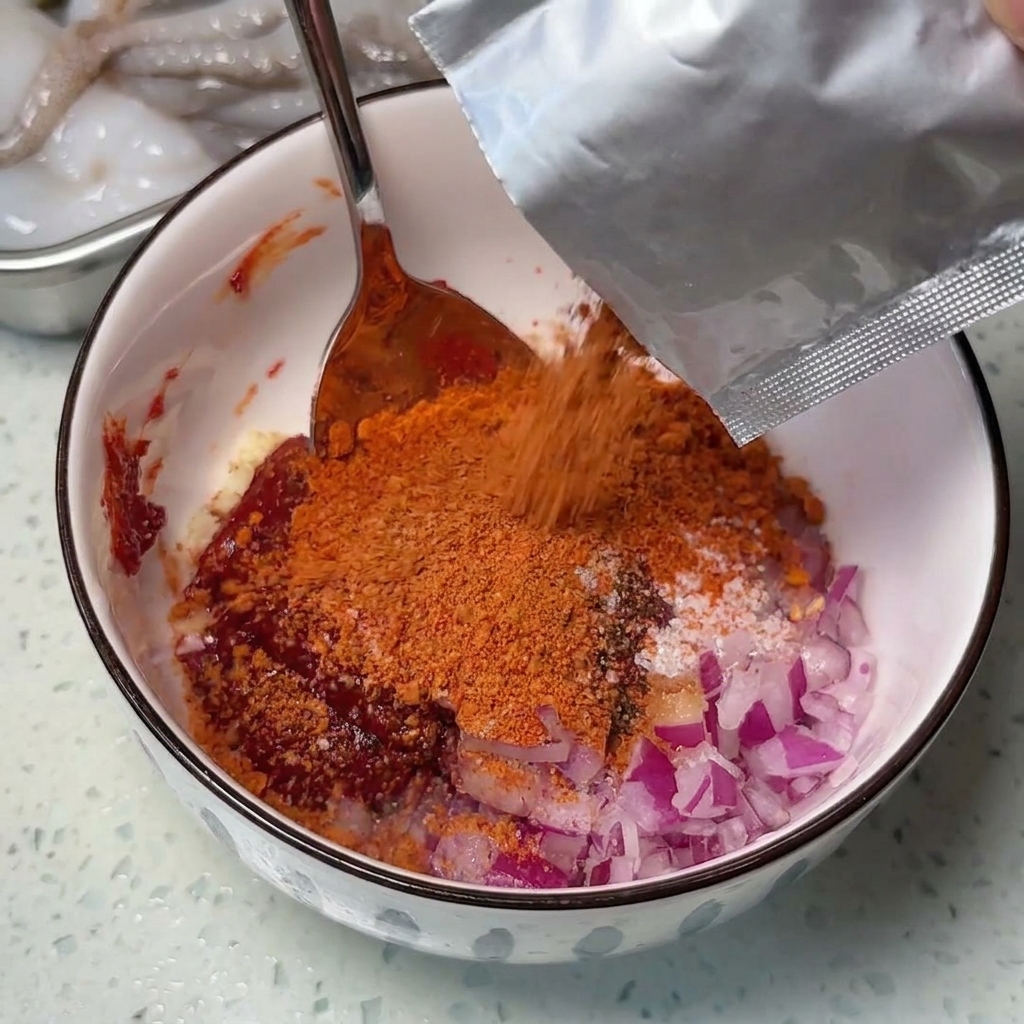 Polvere di condimento arancione versata da una bustina argentata in una ciotola con pasta di peperoncino.
