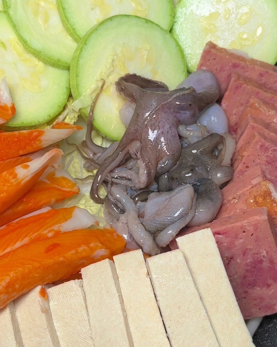 Pentola piena di ingredienti crudi disposti ordinatamente: zucchine, spam, tofu, surimi e polpo.