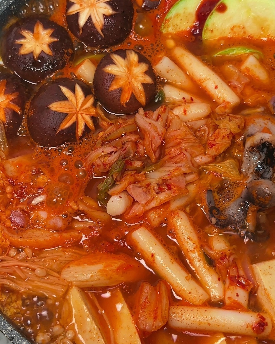 Kimchi aggiunto al centro di una pentola bollente di stufato rosso con funghi e gnocchi di riso visibili.