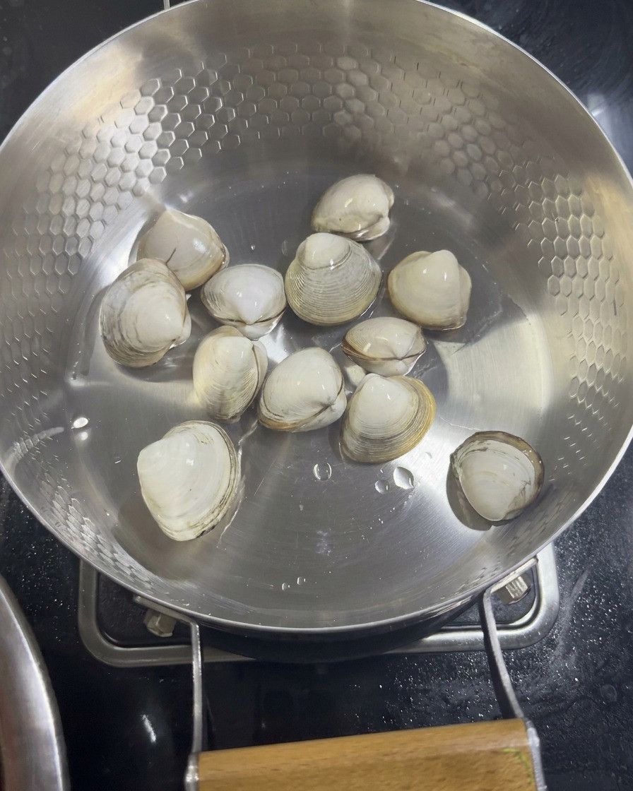 Diverse vongole bianche crude disposte sul fondo di una padella in acciaio inossidabile pronte per essere cotte a vapore.