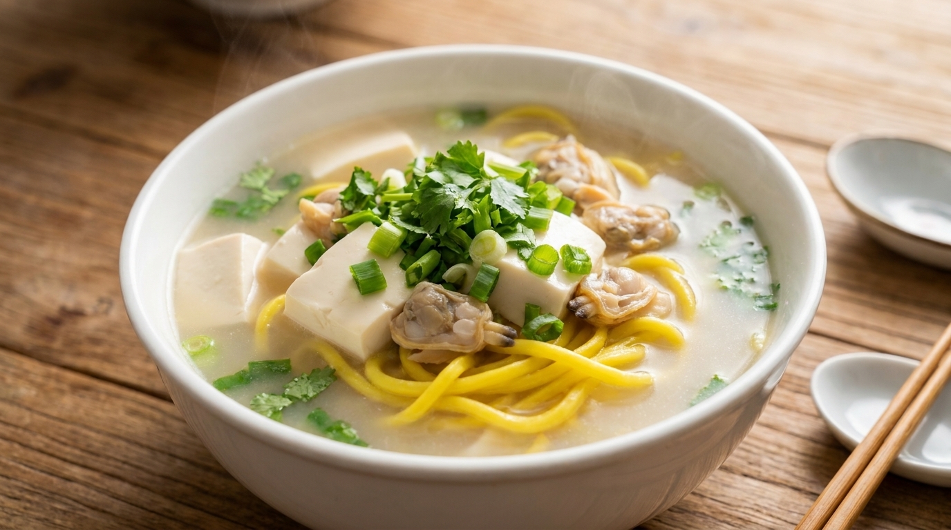 Zuppa di Vongole e Tofu Vellutato di Dandong con Noodle Cha-zi