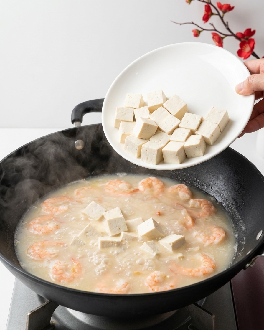 Un piatto bianco tenuto sopra un wok, con piccoli cubetti di tofu bianco fresco che cadono in un brodo di mare lattiginoso e gorgogliante.
