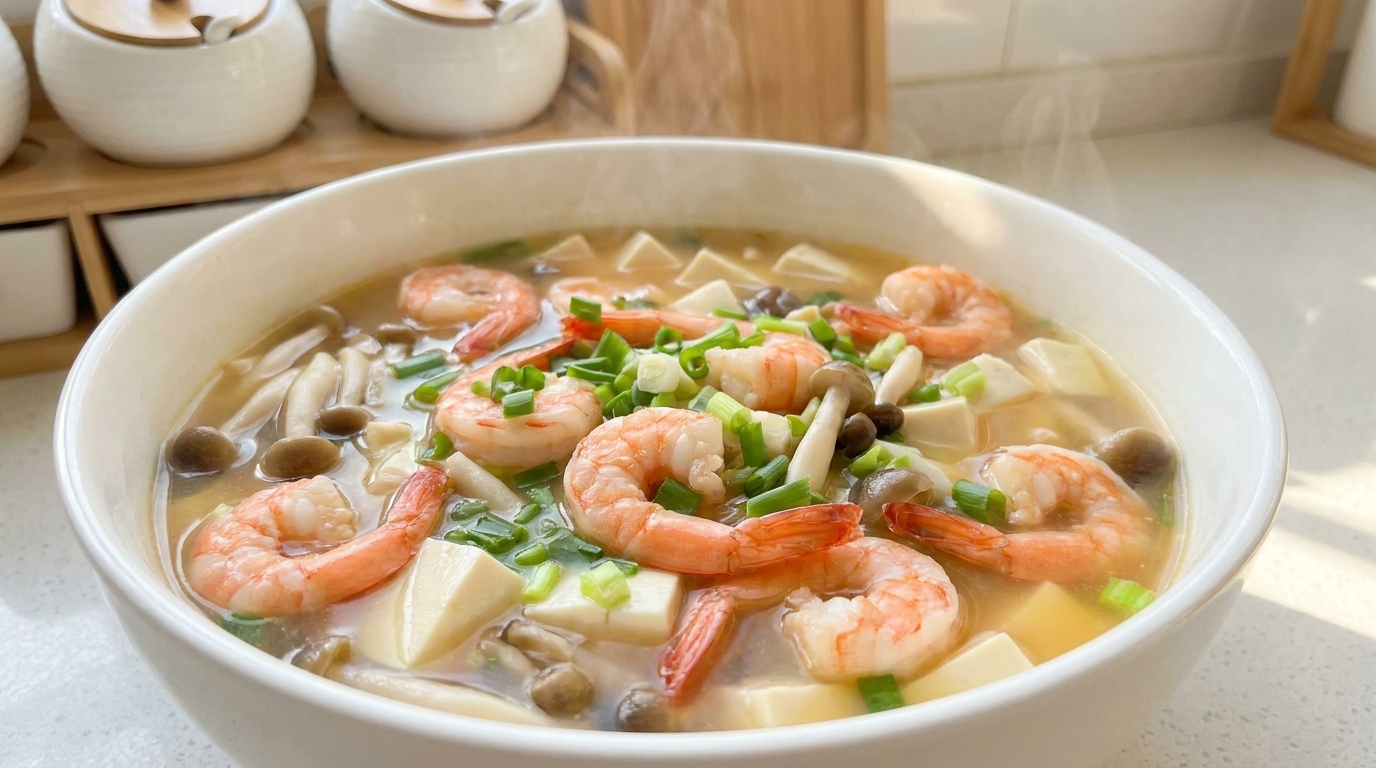Zuppa di Tofu e Frutti di Mare con Gamberi e Funghi Shimeji