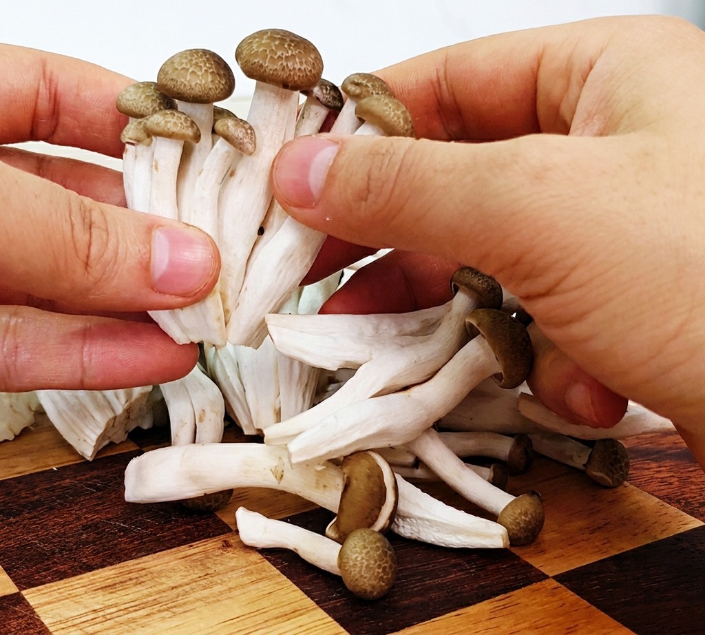Due mani che separano delicatamente un mazzetto di funghi di mare bianchi su un tagliere.