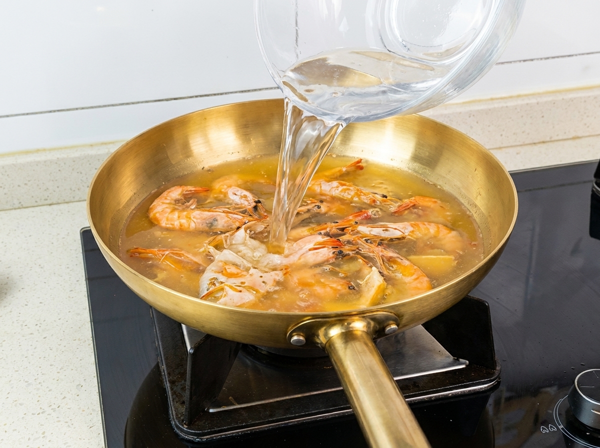 Acqua versata in una padella contenente gusci di gambero soffritti per creare un brodo giallo.