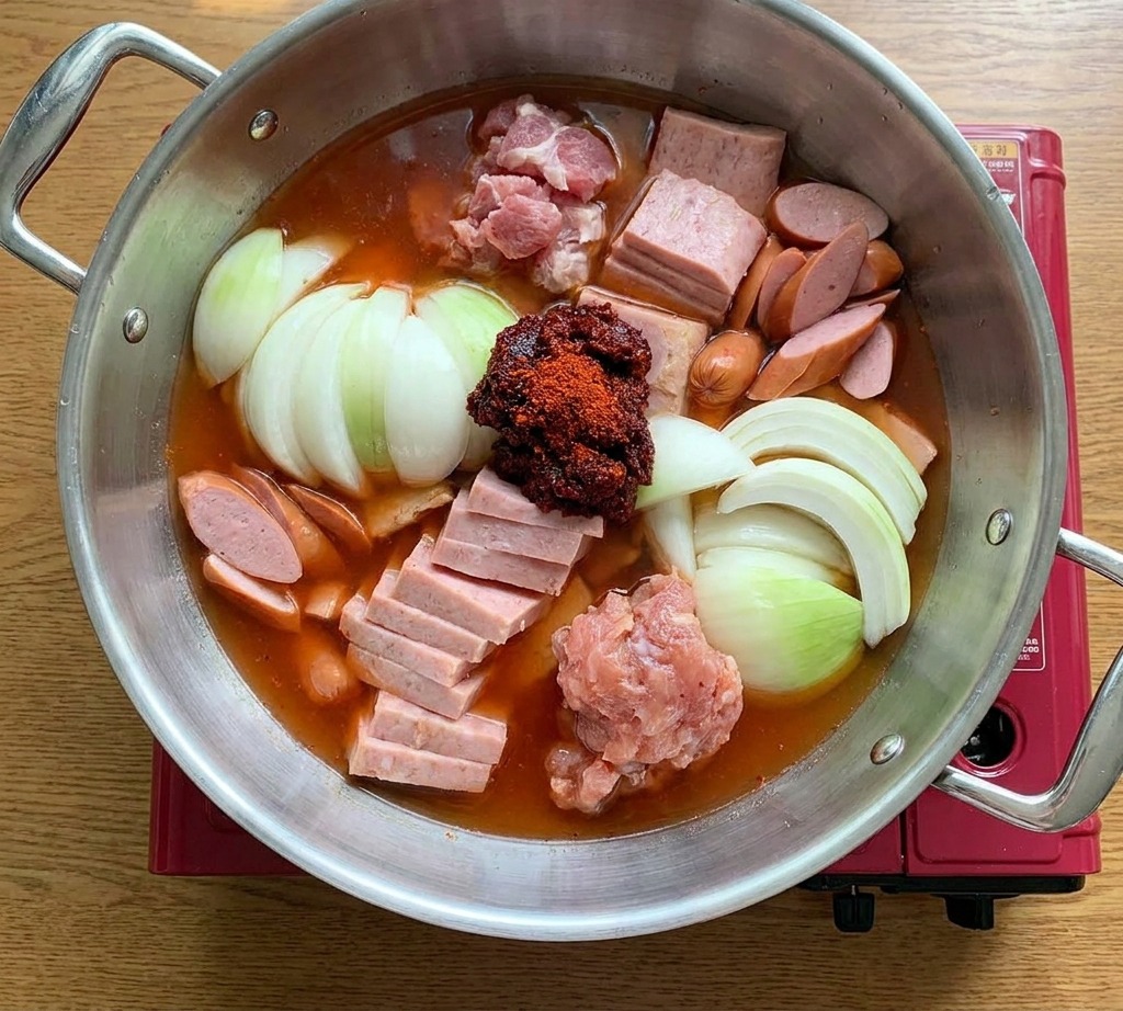 Una pentola con ingredienti disposti con cura e una cucchiaiata di pasta rossa piccante al centro, immersa nel brodo.