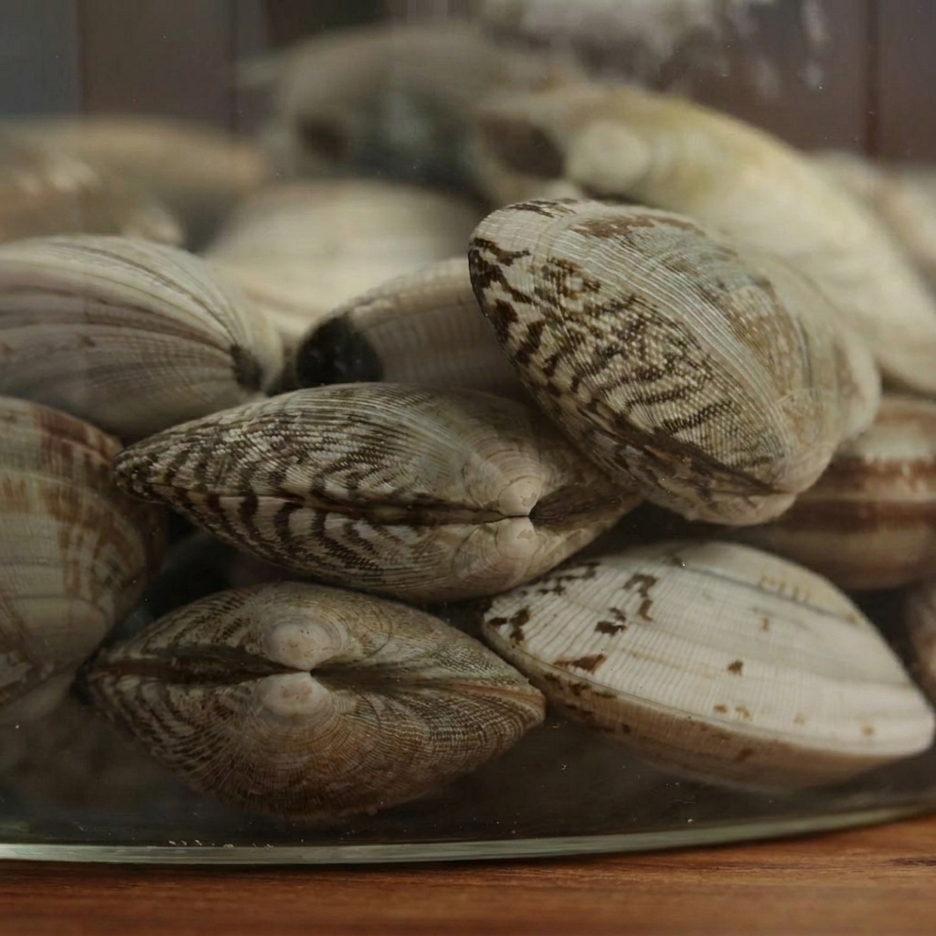 Primo piano di vongole immerse in acqua in un contenitore di vetro.