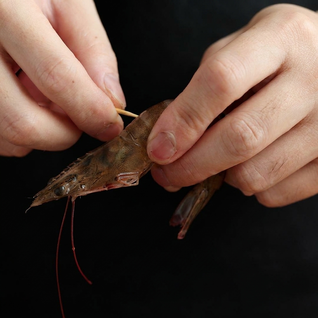 Mani che usano uno stuzzicadenti per rimuovere il filamento scuro da un gambero crudo su sfondo nero.