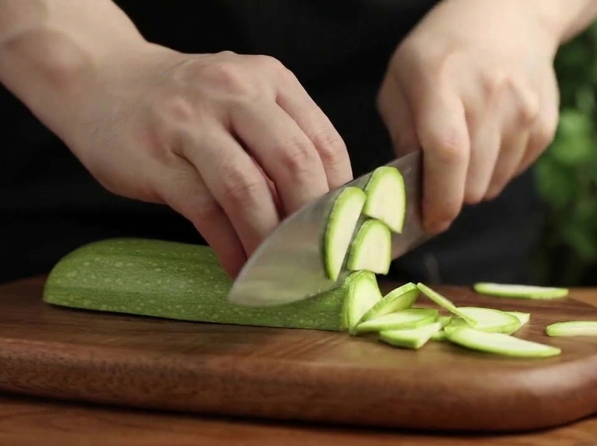 Mani che affettano una zucchina verde a mezzelune su un tagliere di legno.