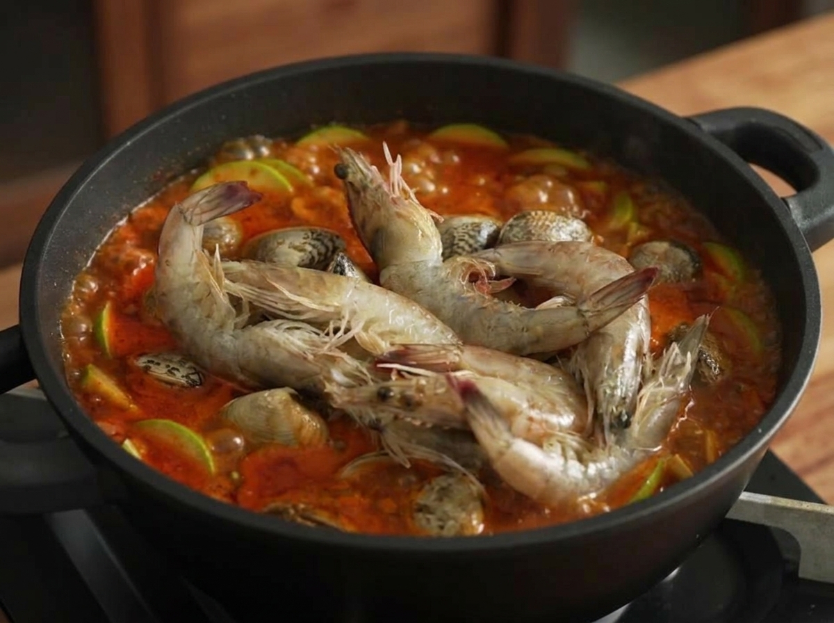 Gamberi grigi crudi aggiunti a una pentola bollente di stufato di pesce con zucchine e vongole.