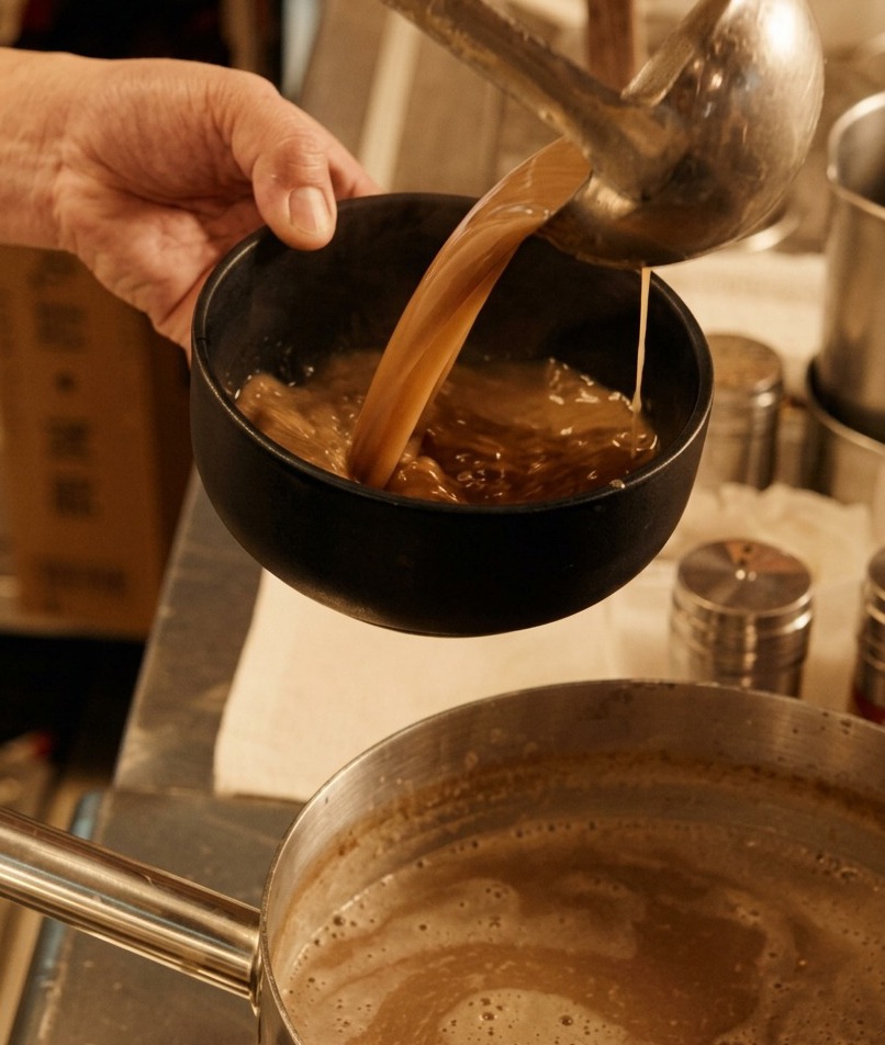 Denso brodo marrone per ramen versato con un mestolo di acciaio in una ciotola di ceramica nera.