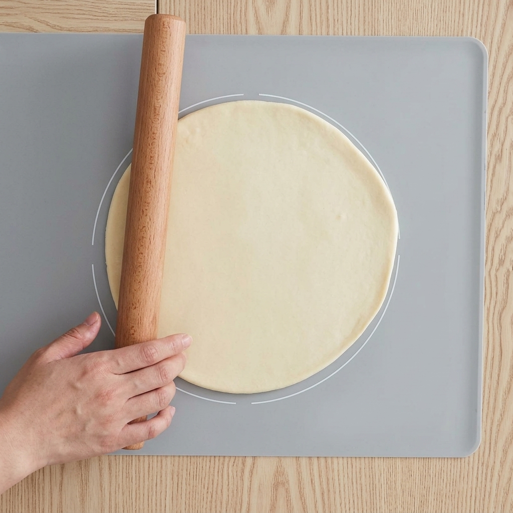 Mano che usa un mattarello di legno per appiattire limpasto in un cerchio liscio su un tappetino grigio.