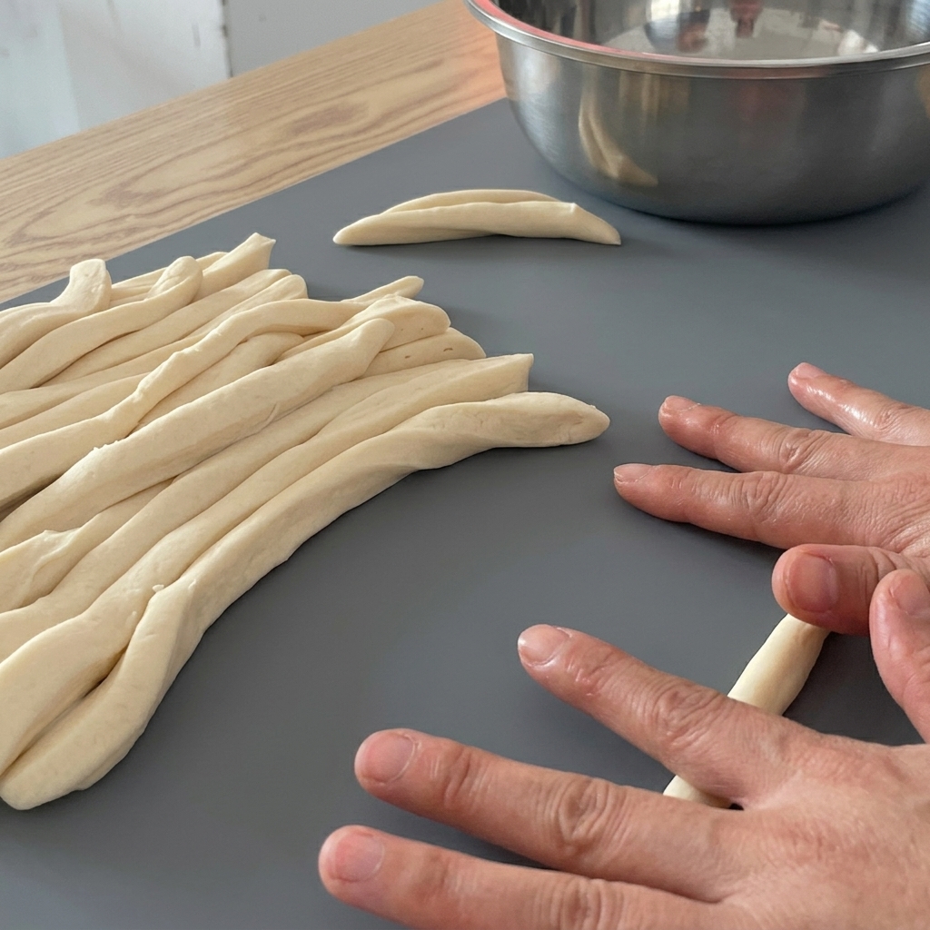 Mani che arrotolano una striscia spessa di impasto in un lungo tagliolino su un tappetino grigio.