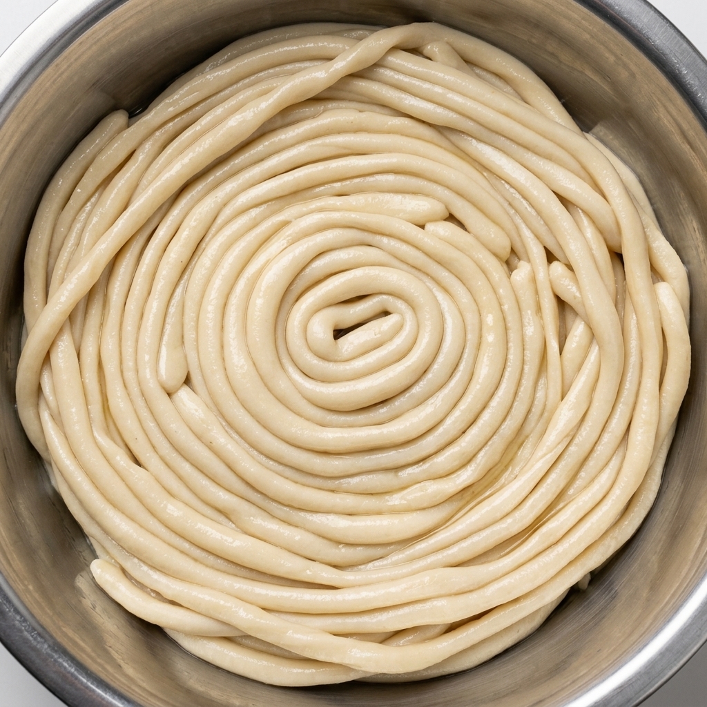 Sottili filamenti di pasta ordinatamente avvolti in una spirale continua allinterno di una ciotola di metallo.