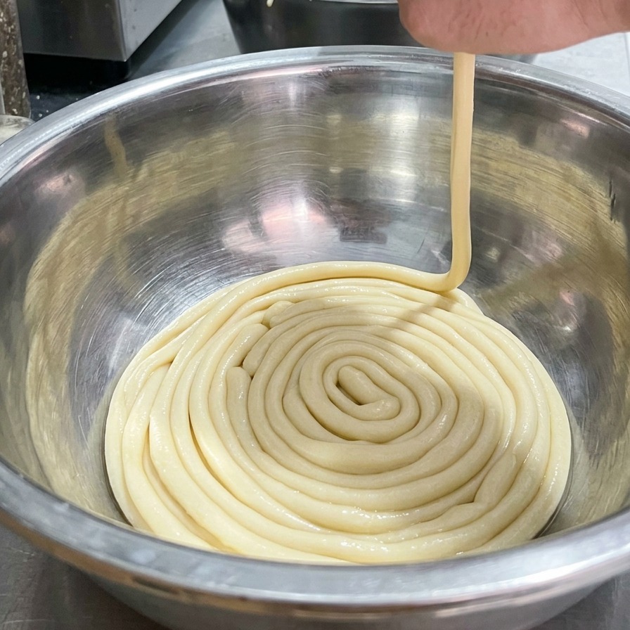 Una mano che tira un lungo filamento di pasta da una ciotola, preparandosi a cuocerlo in acqua bollente.