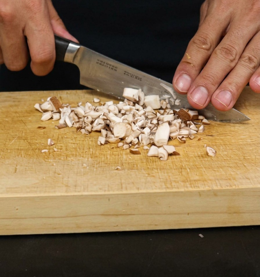Primo piano di un fungo shiitake tagliato a piccoli pezzi su una superficie di legno.