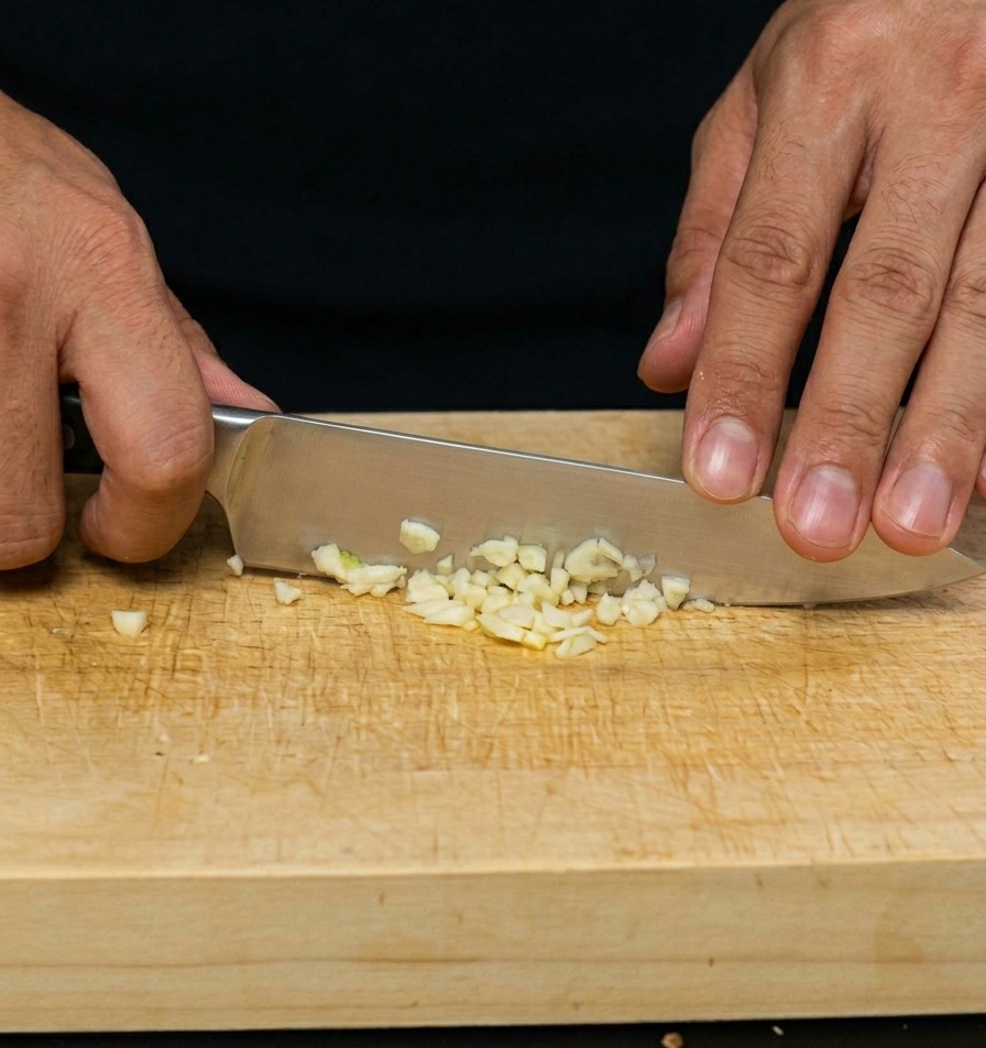 Uno chef che usa un coltello da cucina per tritare uno spicchio daglio in piccolissimi pezzi su un tagliere.