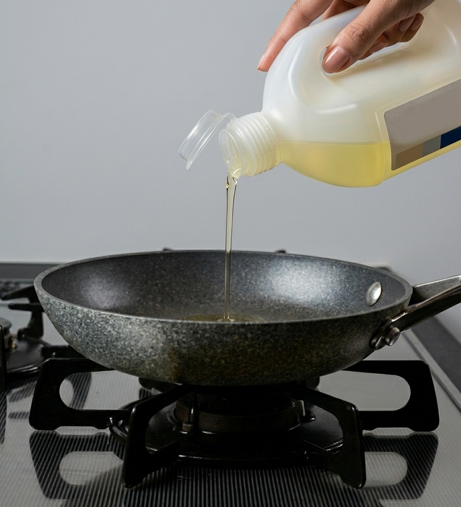 Olio vegetale versato da un flacone in una padella antiaderente grigia su un fornello a gas.