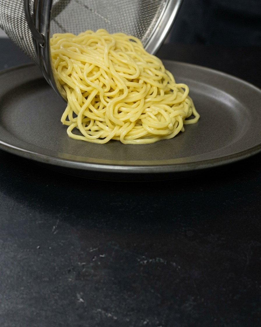 Ramen gialli cotti che vengono versati da un colino metallico su un piatto di ceramica grigio scuro.