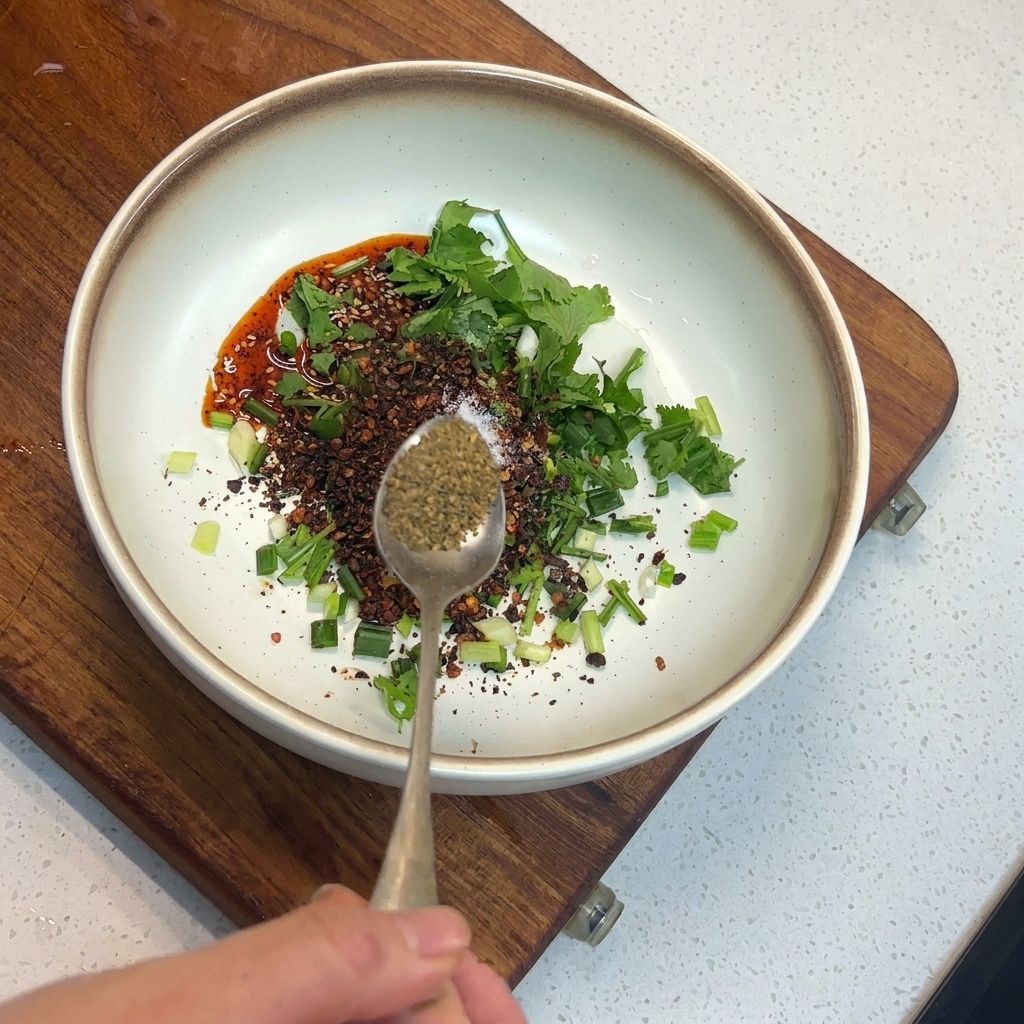 Una mano con un cucchiaio dargento pieno di polvere di pepe del Sichuan sopra una ciotola di spezie.