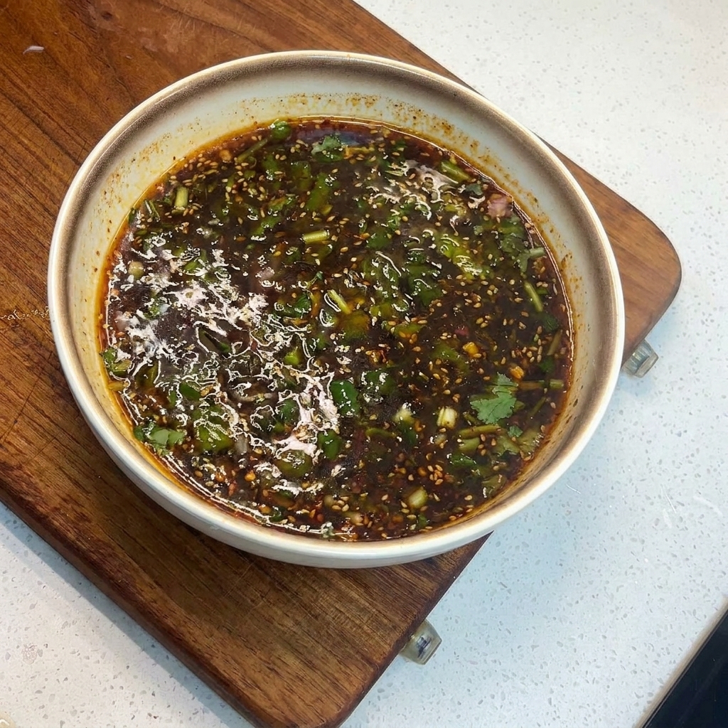 Un cucchiaio mescola un brodo rosso e oleoso con coriandolo e cipollotti in una ciotola bianca.