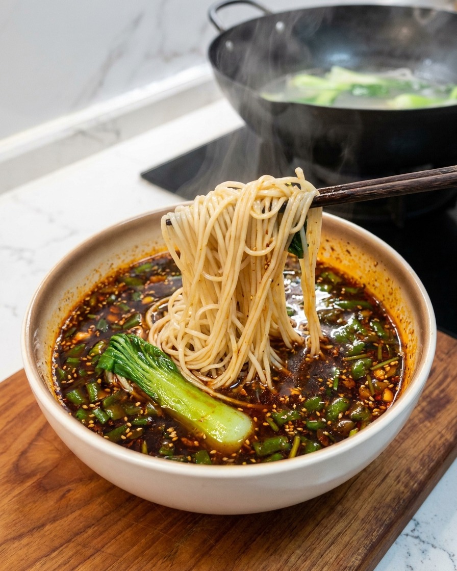 Bacchette che sollevano noodles e bok choy dal wok per metterli in una ciotola con salsa rossa e semi di sesamo.