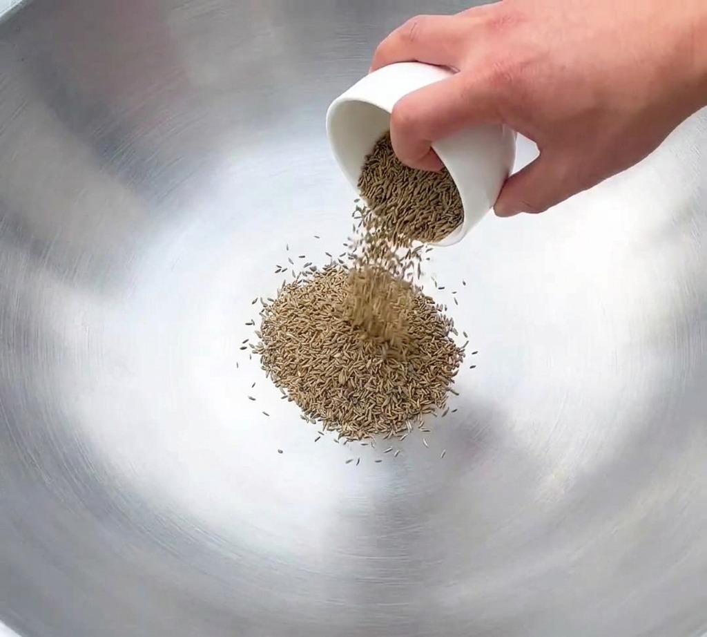 Spatola di metallo che salta semi di cumino e finocchio al centro di un wok scuro.