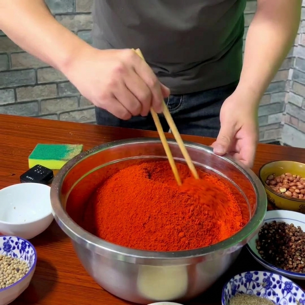 Bacchette di legno che mescolano un mucchietto di polvere di peperoncino rosso con spezie macinate in una ciotola di acciaio.