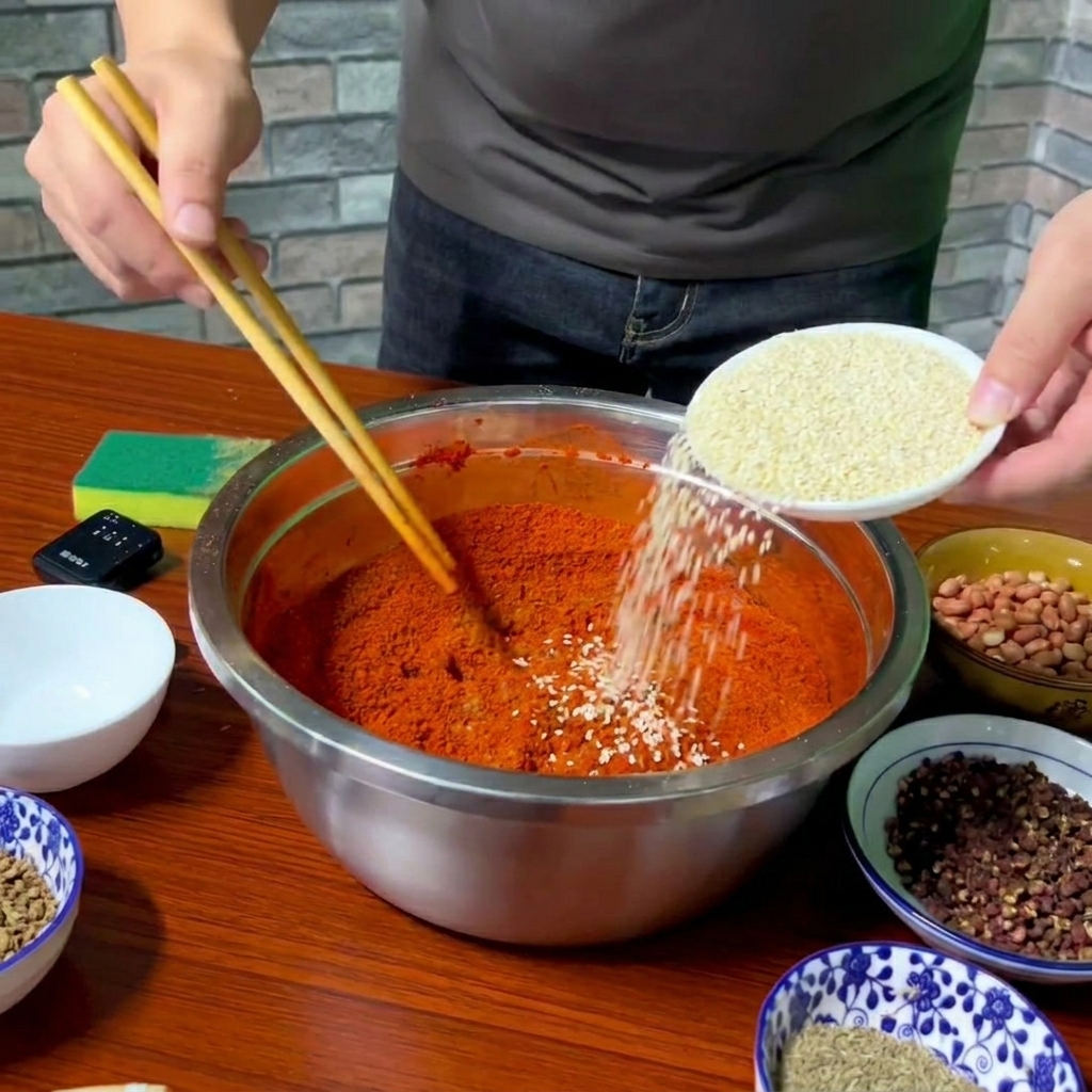 Semi di sesamo bianco versati da un piattino in una ciotola piena di polvere di peperoncino rosso.