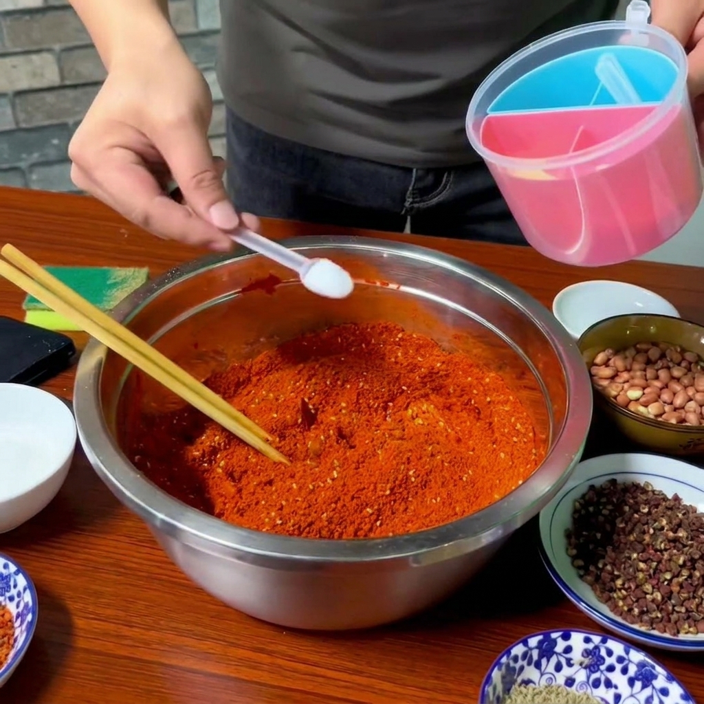 Un cucchiaino bianco aggiunge sale a una ciotola di polvere di peperoncino rosso.