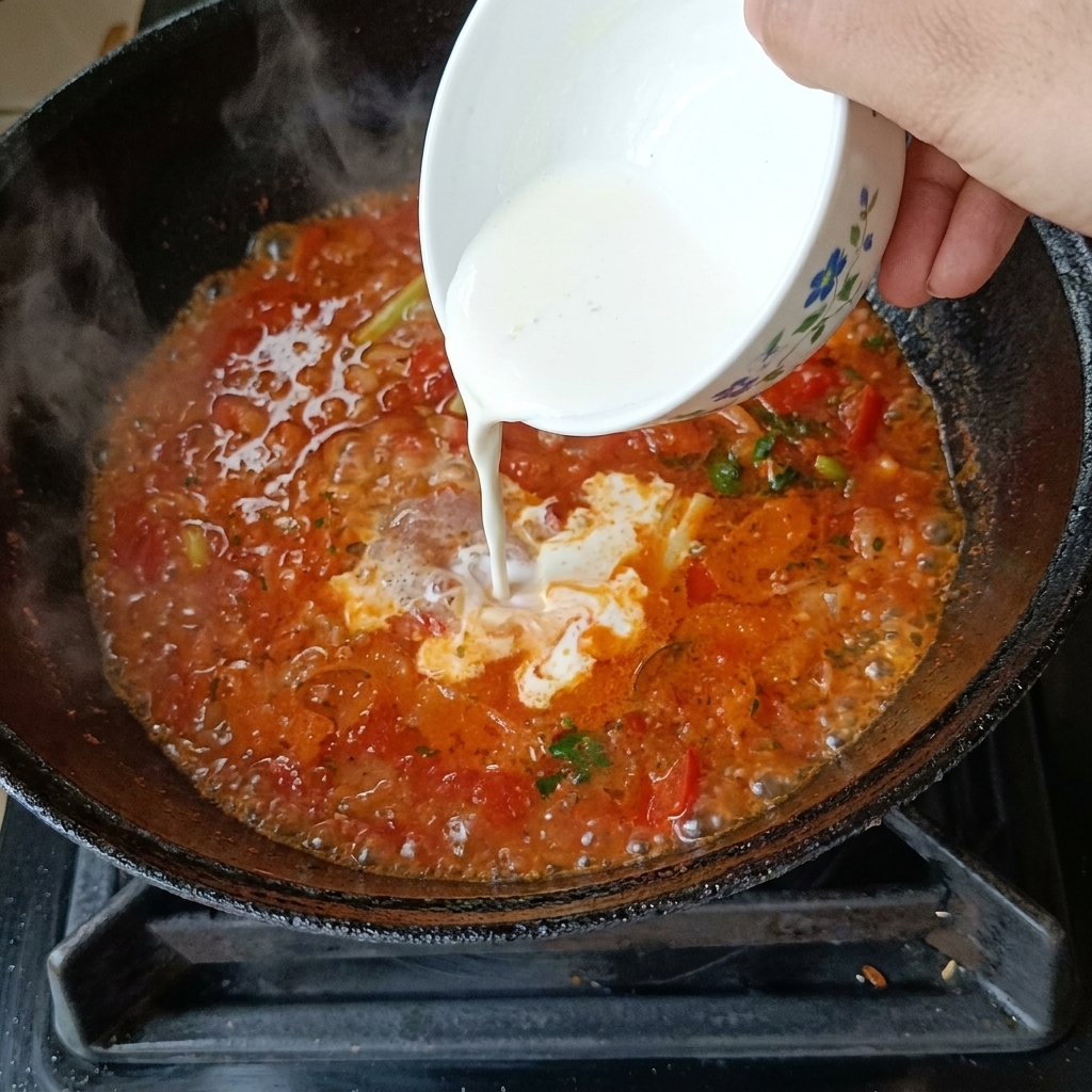 Una mano che versa luovo sbattuto in un wok di zuppa di pomodoro bollente, formando strisce luminose sulla superficie.