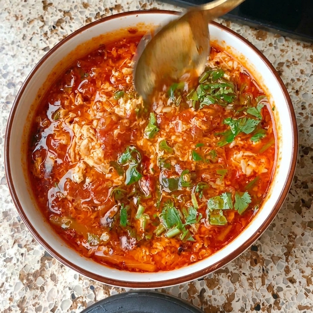 Un cucchiaio dorato che mescola coriandolo fresco in una ciotola di zuppa rossa di pomodoro e uova.