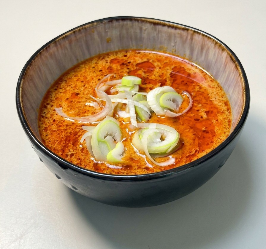 Ciotola nera con densa salsa al curry arancione guarnita con cipollotti affettati bianchi e verdi.