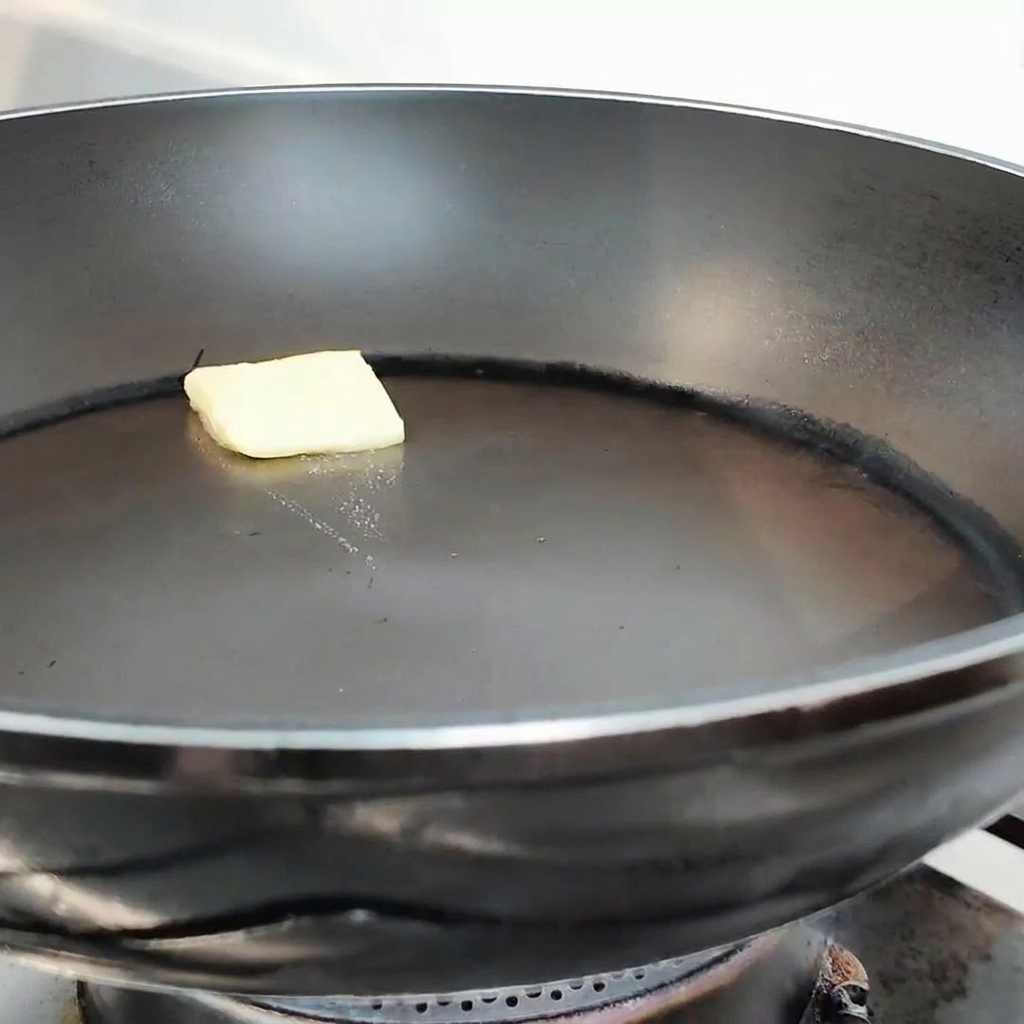 Un pezzetto di burro giallo che si scioglie al centro di una padella nera pulita.