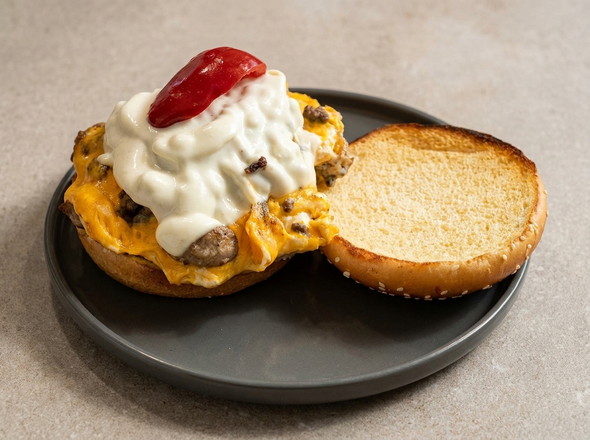 Un panino da burger aperto su un piatto grigio con lo stack di carne e uova al formaggio guarnito con un condimento rosso.